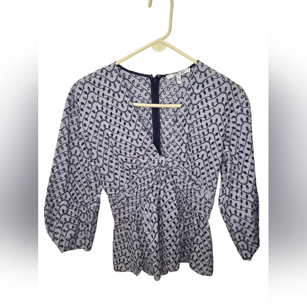 Derek Lam 10 Crosby Blue Embroidered Noe Top Blouse Cotton Size 0